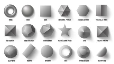 Basic 3d shapes top view. Realistic pyramid shape, geometric polygon figures and hexagon symbol concept vector illustration set clipart