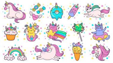 Güzel el çizimi yamalar. Sihirli masal midillisi tek boynuzlu at, muhteşem kedi ve tatlı şeker etiketleri çizgi film çizim seti