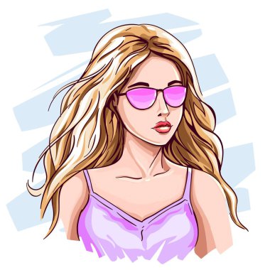 El çizimi genç sarışın kız. Pembe gözlüklü, uzun sarı saçlı, güzel bir kadın.