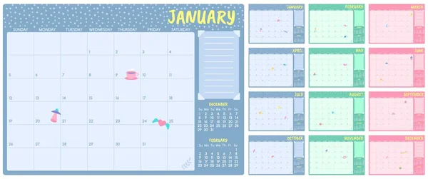 Leuke maandelijkse planner sjabloon. Kalender voor kinderen, eenvoudige jaar maanden planners en maand dagen notities pagina 's vector set — Stockvector