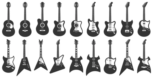 Siyah beyaz gitarlar. Akustik teller müzik enstrümanları, elektro rock gitar silueti ve stencil gitar ikonları vektörü seti — Stok Vektör