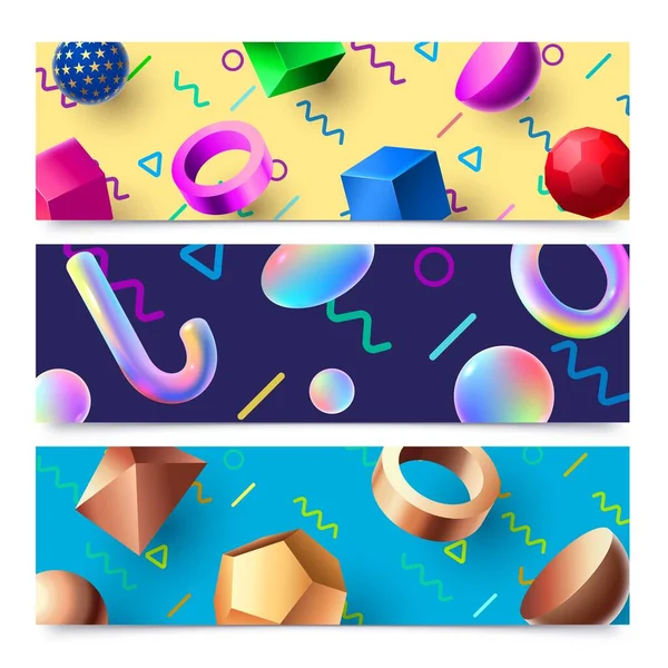 Abstract 3D geometrische vormen banners. Kleurrijke 80s holografische 3D objecten achtergrond, moderne kunst compositie banner frame vector set — Stockvector