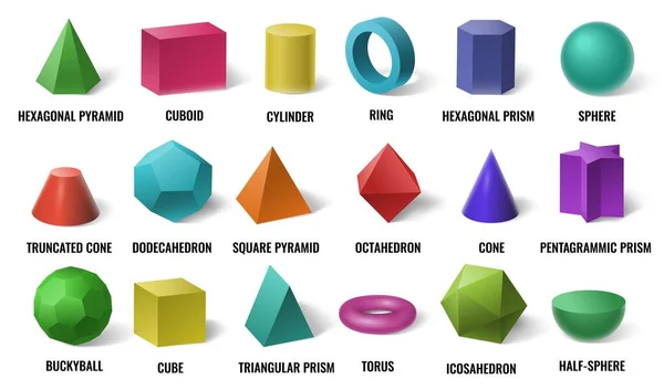 Realistische 3D-kleur basisvormen. Solid gekleurde geometrische vormen, cilinder en kleurrijke kubus vorm vector illustratie set — Stockvector