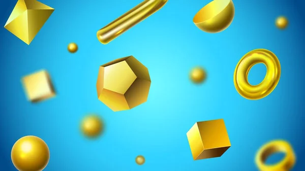 Gyllene abstrakta 3D geometriska former. Glänsande guld objekt, realistiska gyllene figurer och abstraktion bakgrund vektor illustration — Stock vektor