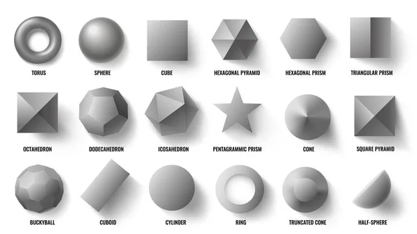 Podstawowe kształty 3D widok z góry. Realistyczny kształt piramidy, figury wielokąta geometrycznego i zestaw ilustracji wektora koncepcji symbolu sześciokąta — Wektor stockowy