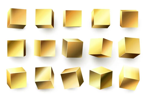 Золотой металлический куб. Реалистичная геометрическая трехмерная квадратная форма, золотые металлические кубики и сверкающие жёлтые фигуры — стоковый вектор