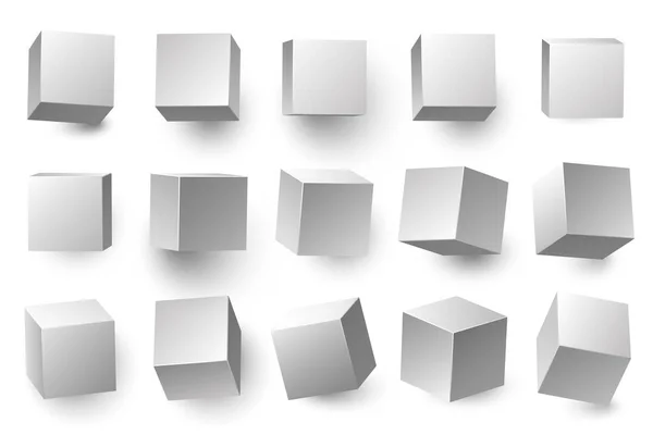 Cubos blancos 3D realistas. Forma de cubo mínimo con diferentes perspectivas, formas geométricas caja vector conjunto de ilustración — Archivo Imágenes Vectoriales