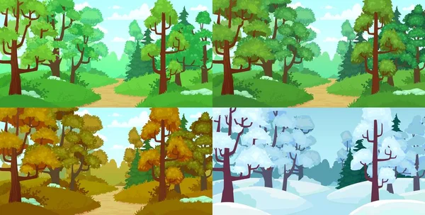 Forest path. Spring and summer trees, autumn leaves and winter forest trees. Four seasons landscape cartoon vector illustration