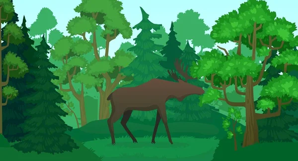 Alce dos desenhos animados na paisagem da floresta. Silhueta de veados em madeiras, árvores de florestas verdes ilustração vetorial — Vetor de Stock