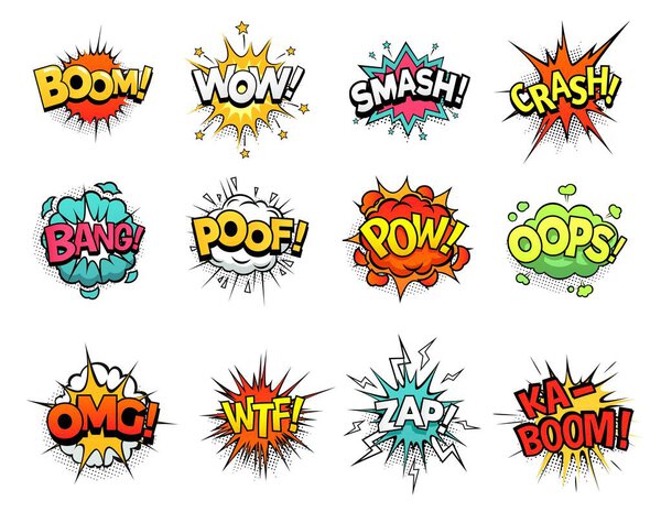 Cartoon comic sign burst clouds. Speech bubble, boom sign expression and pop art text frames vector set