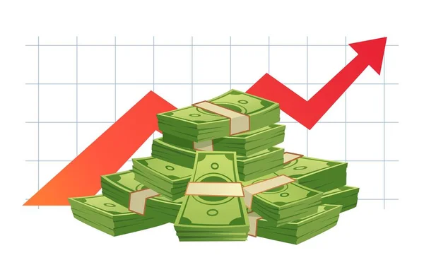 Creciente gráfico de efectivo. Montón de dinero en efectivo, el valor del dinero flecha gráfica creciente roja y el diagrama de crecimiento financiero vector ilustración — Vector de stock