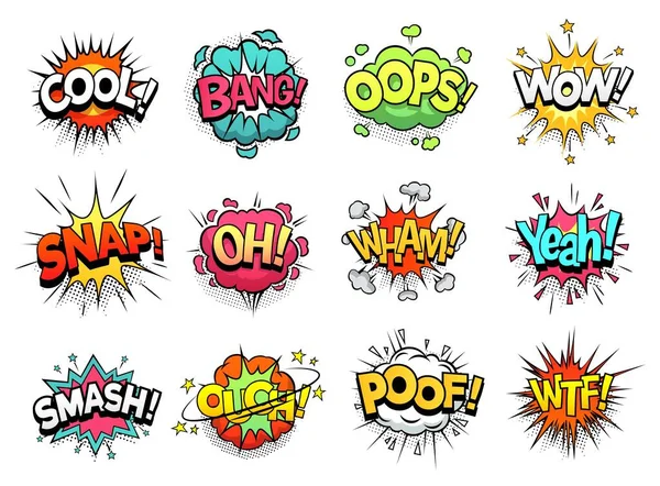 Comic sign clouds. Boom bang, wow and cool speech bubbles. Burst cloud expressions cartoon vector set — Stock Vector