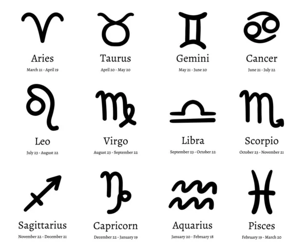 ゾディアックシンボル占星術の星座、占星術のカレンダー、黄道帯の日付ベクトルイラストセット — ストックベクタ