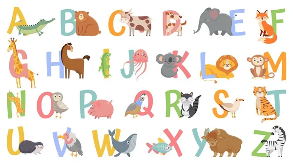 Zeichentricktiere Alphabet für Kinder. Buchstaben lernen mit lustigen Tieren, Zoo-Abc und englischem Alphabet für Kinder Vektor-Illustration — Stockvektor