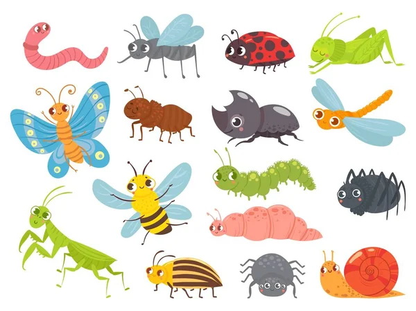 Aranyos rajzfilm rovarok. Vicces hernyó és pillangó, gyerek bogarak, szúnyog és pók. Zöld szöcske, hangya és katicabogár illusztrációs készlet — Stock Vector