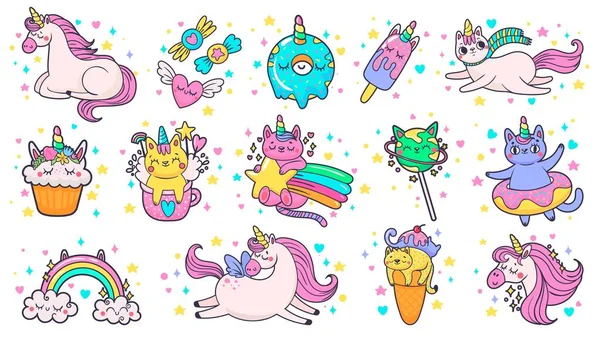 Cute hand drawn patches. Magic fairytale pony unicorn, fabulous cat and sweet candy stickers cartoon vector illustration set — Stock Vector