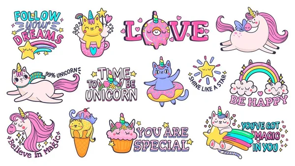 Cute slogan patches. Time to be unicorn, shine like star and follow your dreams signs with happy cat, sweet candies and magic pony vector sticker illustration set — Stock Vector