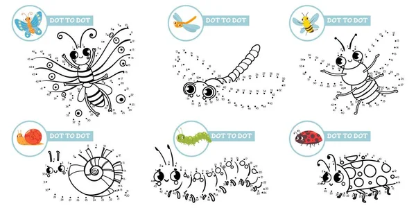 Připojte tečky kreslený hmyz hra. Roztomilý hmyz tečka dot vzdělávací hry pro batolata, hrát si s předškolními dětmi vektorové ilustrační set — Stockový vektor