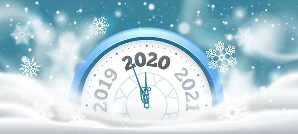 Neujahrs-Winteruhr. Feier 2020 Countdown im Schnee, Feiertagsuhren Vektor Illustration — Stockvektor