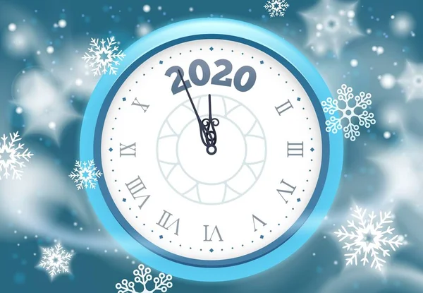 Nuevo 2020 Año póster de nieve. Vacaciones de invierno reloj de cuenta regresiva con copos de nieve, flechas relojes vintage y horas de celebración de vacaciones vector ilustración — Archivo Imágenes Vectoriales