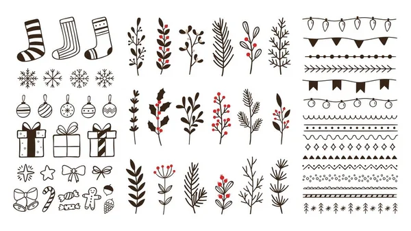 Elementos ornamentales de invierno dibujados a mano. Doodle navidad copo de nieve, ramas florales y bordes decorativos vector conjunto — Vector de stock