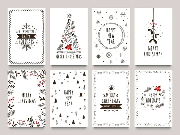 Tarjetas de vacaciones de invierno dibujadas a mano. Feliz Navidad tarjeta con adornos florales, árbol de Año Nuevo y copos de nieve marco vector conjunto — Archivo Imágenes Vectoriales