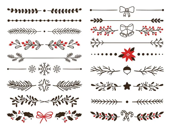 Divisores de invierno ornamentales dibujados a mano. Los copos de nieve fronteras, decoración navideña y flores decoradas separadores vector conjunto — Vector de stock