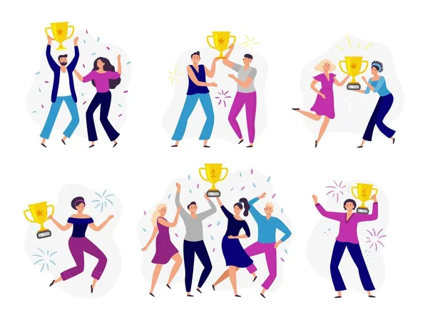 Lidé vyhrávají. Vítězové, muž a žena držící zlatý pohár. Úspěch obchodní tramvaj vyhrát cenu a slaví vítězství vektor ilustrační set — Stockový vektor