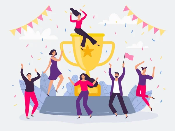 Vítězný tým. Happy people win golden cup, successful champions dancing and celebrating victory flat vector illustration — Stockový vektor