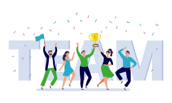 Команда корпоративних людей святкує. Щасливі офісні працівники відзначають перемогу золотим кубком, командним трофеєм і успішними особами плоскою Векторна ілюстрація — стоковий вектор