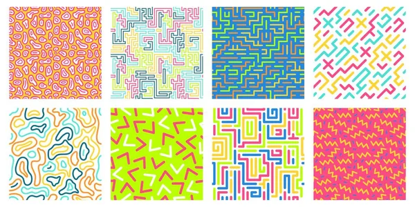 Цветовой бесшовный геометрический узор. Цветной лабиринт, текстура в стиле Мемфиса и векторный набор моделей в стиле 80-х — стоковый вектор