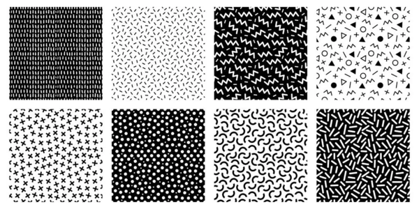 Patrones sin costuras de Memphis. Textura de líneas geométricas y puntos, texturas en blanco y negro de los 80 y conjunto de vectores de patrón funky — Vector de stock