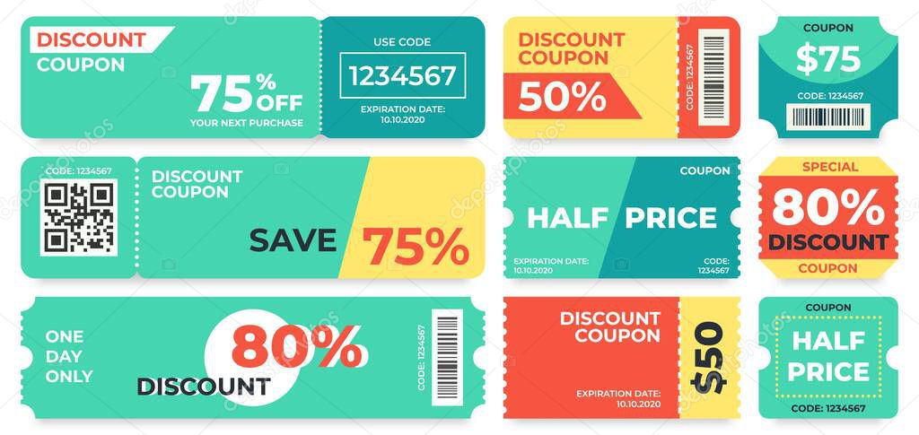 Discount coupon. Half price offer, promo code gift voucher and coupons template vector set