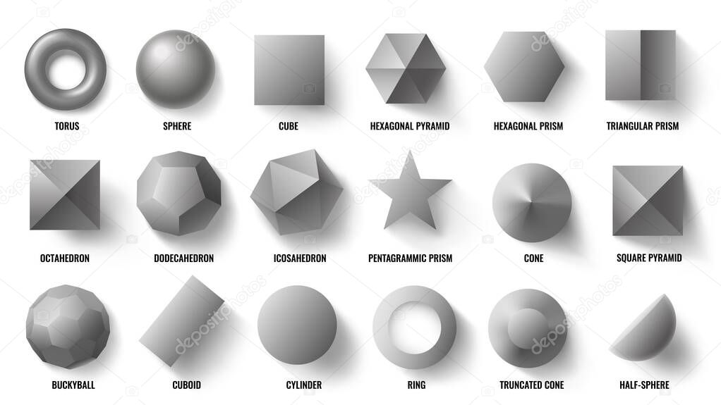 Basic 3d shapes top view. Realistic pyramid shape, geometric polygon figures and hexagon symbol concept vector illustration set