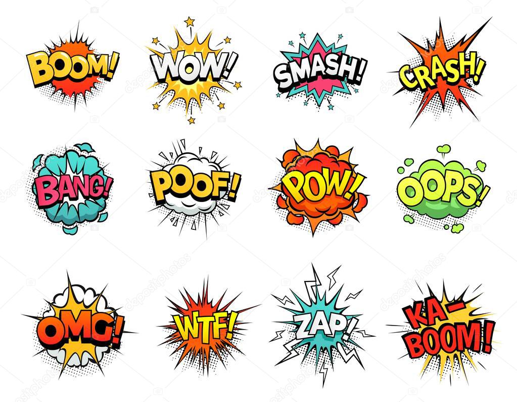 Cartoon comic sign burst clouds. Speech bubble, boom sign expression and pop art text frames vector set