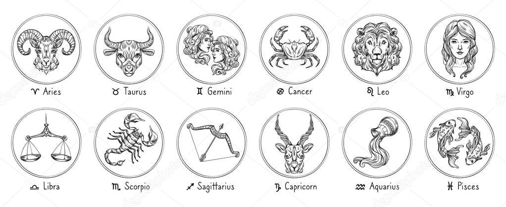 Zodiac signs. Sketch Cancer, Scorpio and Pisces. Hand drawn Taurus, Virgo and Capricorn. Aries, Leo and Sagittarius. Gemini, Libra and Aquarius horoscope vector illustrations