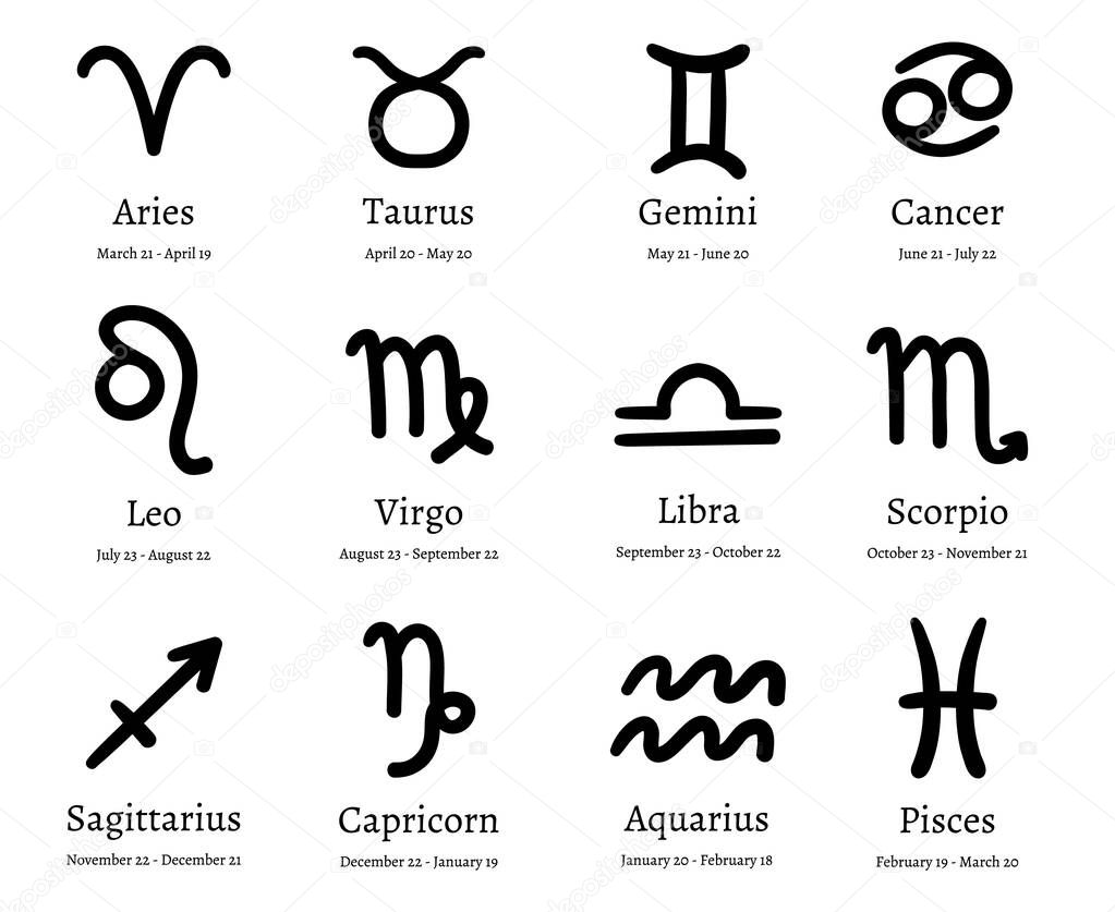 Zodiac symbols. Astrology horoscope signs, astrological calendar and zodiacs dates vector illustration set