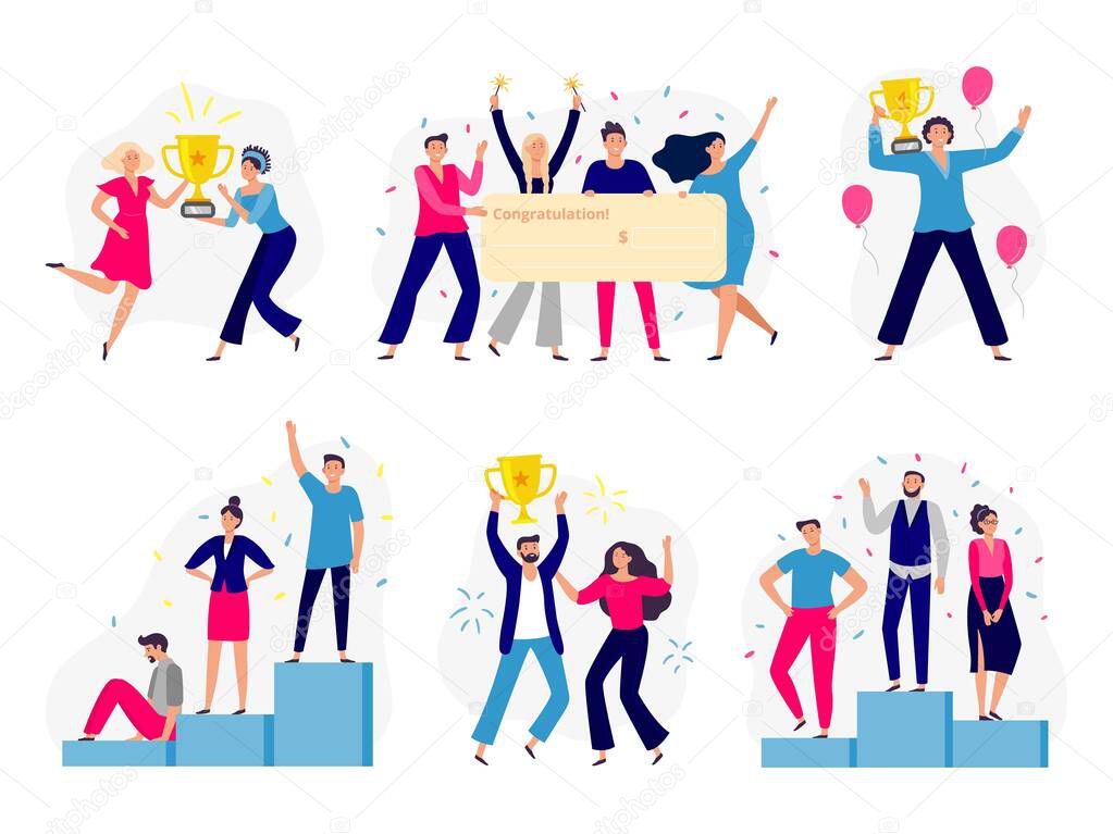 Winners people. Happy couple win gold cup, office workers team win cash check and successful winner standing on podium flat vector illustration set