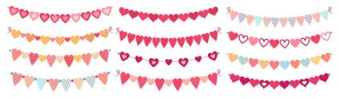 Bunting kalpleri. Aşk, sevgililer günü kalbini şekillendirir kiraz çiçekleri, düğün günü süslemeleri ve sevimli kalp bayrakları seti