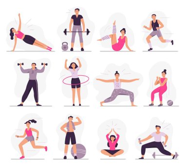 Spor insanları. Genç atletik kadın fitness aktiviteleri, sporcu erkek ve spor egzersizleri vektör illüstrasyonu seti
