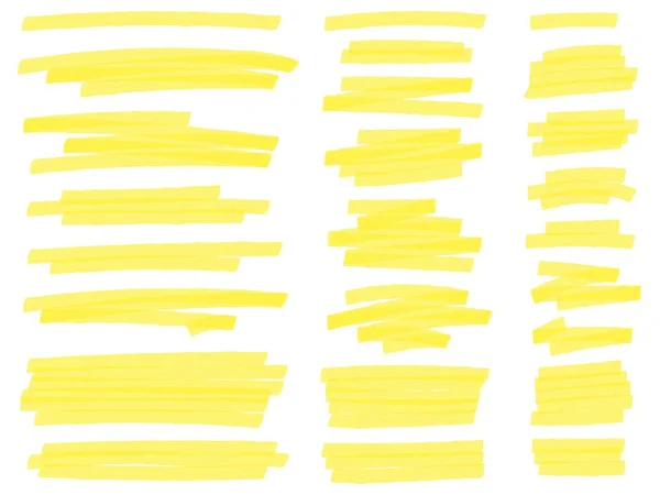 Highlight marker lines. Yellow text highlighter markers strokes, highlights marking vector set — Stock Vector