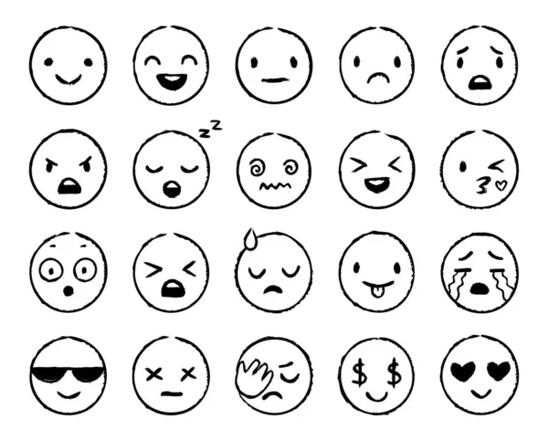 Emoji dibujado a mano. Doodle emoticonos, sonrisa boceto de la cara y grunge tinta cepillo emojis garabatos vector conjunto — Vector de stock