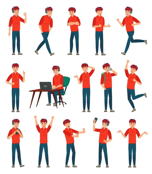 Cartoon mannelijke tiener karakter. Tiener jongen in verschillende poses en acties vector illustratie set — Stockvector