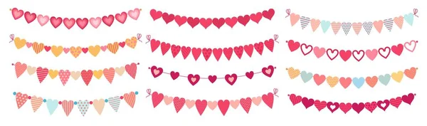 Bunting corazones. Amor valentines corazón formas buntings, decoraciones del día de la boda y adorno lindo corazón banderas vector conjunto — Archivo Imágenes Vectoriales