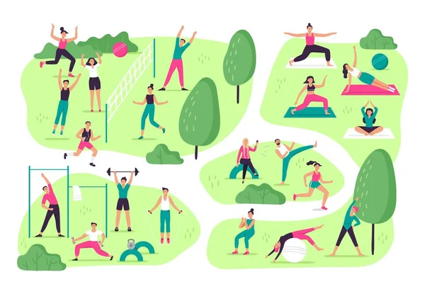 Az emberek sportolnak a parkban. Szabadtéri sporttevékenységek, csoportos edzés és egészséges életmód vektor illusztráció — Stock Vector