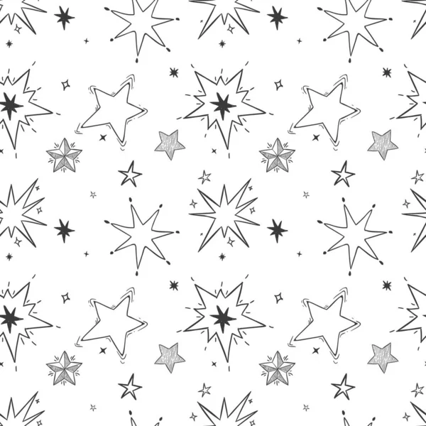 Modello di stelle disegnate a mano senza soluzione di continuità. Doodle star, schizzo notte cielo vettoriale illustrazione — Vettoriale Stock