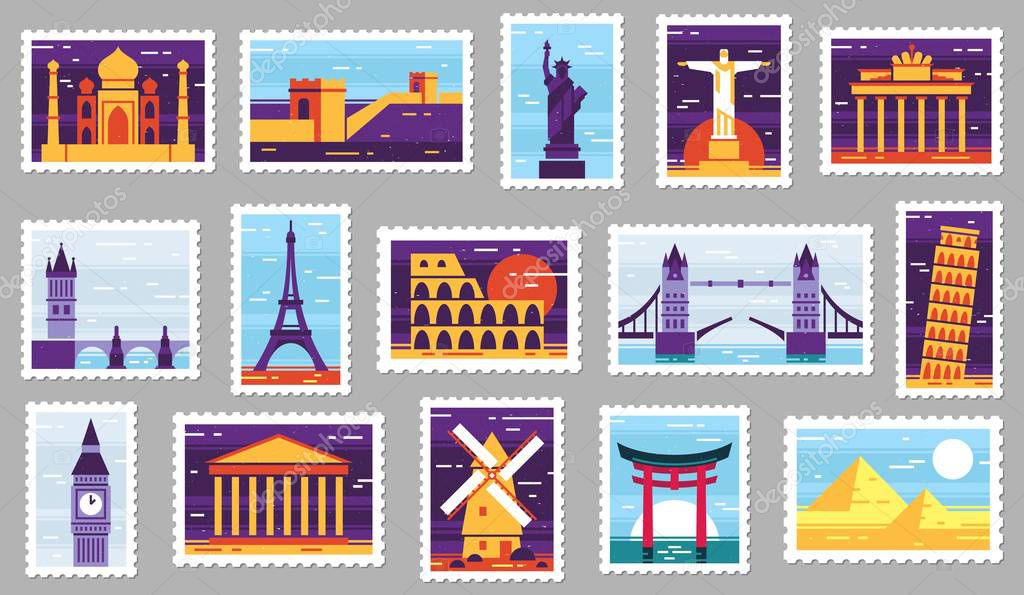 World cities post stamps. Travel postage stamp design, city attractions postcard and town vector illustration set