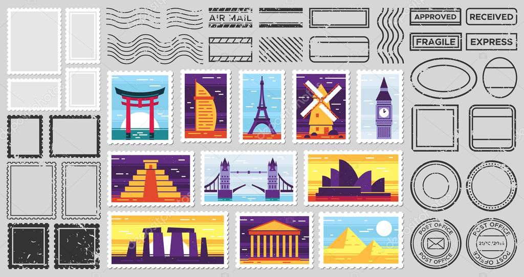 Traveler mail post stamp. City attractions postcard, fragile stamp and postage frames vector set
