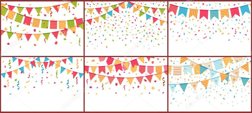 Birthday party bunting and confetti. Color paper streamers, confettis explosion and buntings flags cartoon vector background set