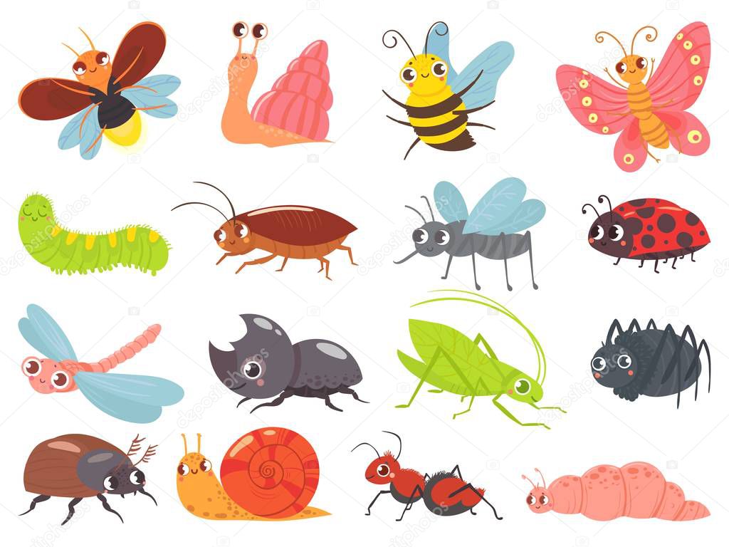 Cartoon bugs. Baby insect, funny happy bug and cute ladybug vector set